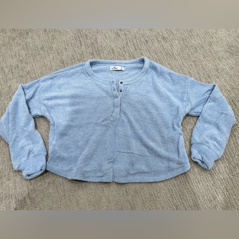 Hollister blue fuzzy Henley sweater